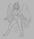  2019 anthro avian beak breasts digitigrade female grey_background gryphon horn monochrome navel nipples nude pussy simple_background solo standing watsup wings 