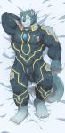  abs android bed bodysuit breke canid canine canis clothing dakimakura_design hi_res lying machine male mammal muscular muscular_male on_back pecs robot skinsuit subaru_aotk tight_clothing tokyo_afterschool_summoners video_games wolf zipper 