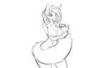  2018 anthro big_breasts blush breasts canid canine female fox hair hand_on_tail looking_at_viewer mammal monochrome navel nipples nude portrait simple_background solo three-quarter_portrait watsup white_background wide_hips 