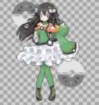  1girl alternate_color alternate_costume bangs bare_shoulders black_footwear black_hair bow braid breasts checkered checkered_background clenched_hand commentary_request detached_collar friend_ball frilled_skirt frills full_body gen_7_pokemon green_bow green_legwear green_shirt grey_background grey_eyes hair_between_eyes hair_bow hair_ornament hand_up jpeg_artifacts knees_together_feet_apart long_hair long_sleeves looking_to_the_side miniskirt namako_plum off_shoulder official_style open_mouth pantyhose pigeon-toed plum_(plum_no_bouken_note) plum_no_bouken_note poke_ball poke_ball_symbol pokemon pokemon_(creature) pyukumuku shiny_pokemon shirt shoes simple_background skirt sleeves_past_fingers sleeves_past_wrists small_breasts solo_focus standing tied_hair twin_braids two-tone_background virtual_youtuber white_skirt yellow_eyes 