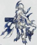  1boy absol artist_name belt black_eyes cape claws commentary_request full_body fur gen_2_pokemon gen_3_pokemon grey_background grey_skin hair_over_one_eye halberd half-closed_eyes holding holding_weapon hood hooded_cape horn kantarou_(8kan) long_sleeves looking_at_viewer looking_to_the_side male_focus number personification pokemon pokemon_(creature) pokemon_number polearm red_sclera shirt shorts signature simple_background solo_focus standing tail umbreon weapon white_cape white_footwear white_hair white_shirt white_shorts 