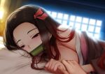  1girl 1other backlighting bamboo black_hair blurry blurry_background breasts forehead ginhaha hair_ribbon half-closed_eyes highres holding_hands japanese_clothes kamado_nezuko kimetsu_no_yaiba kimono long_hair looking_at_viewer lying mouth_hold multicolored_hair off_shoulder on_stomach pink_eyes purple_eyes red_ribbon ribbon sidelocks very_long_hair 