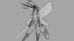  16:9 2018 4k absurd_res anthro antlers big_breasts breasts clothing female grey_background hair hi_res horn hybrid looking_at_viewer mammal melee_weapon mits_(character) monochrome navel nipple_outline simple_background solo standing sword watsup weapon wings 