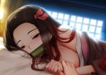  1girl 1other areolae backlighting bamboo black_hair blurry blurry_background breasts forehead ginhaha hair_ribbon half-closed_eyes highres holding_hands japanese_clothes kamado_nezuko kimetsu_no_yaiba kimono long_hair looking_at_viewer lying mouth_hold multicolored_hair nipples off_shoulder on_stomach pink_eyes purple_eyes red_ribbon ribbon sidelocks very_long_hair 