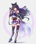  1girl black_hair black_legwear blake_belladonna bow coattails detached_sleeves gambol_shroud hair_bow highres iesupa long_hair obi ribbon rwby sandals sash shin_guards shorts solo thighhighs vambraces yellow_eyes 