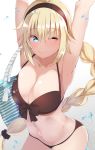  1girl armpits arms_up ashino bag bangs bikini black_bikini black_hairband blonde_hair blue_eyes blurry_foreground blush braid breasts cleavage closed_mouth collarbone commentary_request eyebrows_visible_through_hair eyes_visible_through_hair fate/grand_order fate_(series) gradient gradient_background hairband highres holding holding_bag jeanne_d&#039;arc_(fate) jeanne_d&#039;arc_(fate)_(all) large_breasts long_braid long_hair looking_at_viewer navel one_eye_closed shiny shiny_hair sidelocks simple_background single_braid smile solo standing swimsuit very_long_hair water_drop white_background 