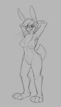  2019 anthro breasts changeling_tale effie_(changeling_tale) eyewear female glasses grey_background hair lagomorph leporid mammal monochrome navel nipples nude open_mouth pussy rabbit simple_background smile solo standing watsup 