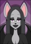  2019 anthro big_ears clothed clothing crossover dark_lipstick eyelashes female fur grey_clothing grey_fur grey_hair hair lady_malmsteen lipstick makeup mammal morticia_addams nickelodeon purple_background shinragod simple_background solo t.u.f.f._puppy tagme the_addams_family verona7881 wings 