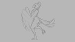  16:9 2019 anthro avian beak bird blush breasts butt feathers female grey_background monochrome nipples nude on_one_leg side_view simple_background smile solo standing talons watsup wings 