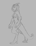  2019 anthro breasts digitigrade dragon ear_piercing female grey_background hair hi_res implied_transformation monochrome navel nipples nude piercing ring side_view simple_background solo tail_ring walking watsup 