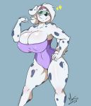  2019 anthro big_breasts breasts canid canine canis cleavage clothed clothing dal_(joelasko) dalmatian domestic_dog female flexing hair hand_on_hip hi_res huge_breasts looking_at_viewer mammal mrsakai muscular muscular_female simple_background smile solo spots standing swimwear visor white_hair 