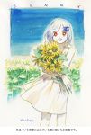  1girl bacher commentary_request dress flower hair_ornament looking_at_viewer metal_gear_(series) metal_gear_solid short_hair silver_hair smile solo sunny_gurlukovich white_dress 