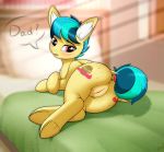  2019 apogee bed blurred_background butt crashgall cutie_mark dialogue digital_media_(artwork) english_text equid equine eyelashes fan_character female feral freckles hi_res hooves inside lying mammal my_little_pony on_bed on_side pillow pterippus pussy solo text underhoof 
