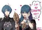  1boy 1girl armor blue_eyes blue_hair byleth closed_mouth dated english_text fire_emblem fire_emblem:_fuukasetsugetsu heart long_hair open_mouth short_hair simple_background t_keima twitter_username upper_body white_background 