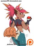  better_version_at_source big_butt butt clothing female flannery hi_res maroon64 nintendo pok&eacute;ball pok&eacute;mon pok&eacute;mon_(species) solo torn_clothing transformation video_games vulpix worried 