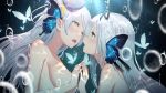  2girls animal bangs black_ribbon braid breasts bubble bug butterfly butterfly_hair_ornament collarbone commentary convenient_arm crossover eye_contact eyebrows_visible_through_hair fingernails green_eyes hair_between_eyes hair_ornament hair_ribbon hands_together highres insect kamiki_kinu kinu_channel looking_at_another magnet_(vocaloid) medium_breasts multiple_girls nude open_mouth pointy_ears profile re:act ribbon silver_hair uni_unico upper_body yasuyuki yellow_eyes 