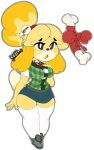  2019 animal_crossing anthro big_breasts bone breasts canid canine canis clothed clothing domestic_dog female fur gcfmug hair hi_res isabelle_(animal_crossing) legwear mammal nintendo open_mouth ribbons shih_tzu simple_background solo toy_dog video_games yellow_fur 