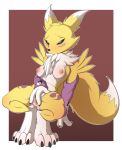  2019 absurd_res anthro black_sclera blue_eyes blush breasts butt canid chest_tuft claws digimon digimon_(species) female fur hi_res kektails mammal neck_tuft nipples nude pussy renamon tattoo tuft video_games yellow_fur 