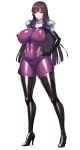  1girl blush bodysuit boots borrowed_character breasts cameltoe covered_nipples elbow_gloves gloves highres kamori_sayaka large_breasts latex latex_bodysuit long_hair original purple_eyes skin_tight skindentation solo thigh_boots thighhighs thighs yi-li-si 