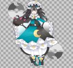  1girl alternate_costume bangs black_hair bow braid checkered checkered_background commentary_request constellation crescent dress flat_chest full_body gen_7_pokemon grey_background grey_eyes hair_between_eyes hair_bow hair_ornament hat high_heels highres jpeg_artifacts long_hair long_sleeves looking_at_viewer mob_cap moon_ball multicolored multicolored_clothes multicolored_dress multicolored_footwear namako_plum official_style open_mouth pantyhose pigeon-toed pink_eyes plum_(plum_no_bouken_note) plum_no_bouken_note poke_ball poke_ball_symbol pokemon pokemon_(creature) pyukumuku shoes simple_background sleeves_past_wrists solo_focus standing tied_hair twin_braids two-tone_background virtual_youtuber white_headwear white_legwear wide_sleeves 