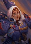  1girl alternate_costume alternate_headwear bedouin_pharah black_hair blue_gloves braid brown_eyes dark_skin earrings facepaint fingerless_gloves gloves hijab hoop_earrings jewelry lips nail_polish nose overwatch power_armor solo zee_arts 