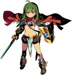  1girl ahoge armor bikini_armor bikini_top bright_pupils cape expressionless fur_trim gold_trim green_hair hero_(sekaiju) himukai_yuuji holding holding_sword holding_weapon long_hair looking_at_viewer official_art purple_eyes red_cape scabbard sekaiju_no_meikyuu sekaiju_no_meikyuu_x sheath shield simple_background solo standing sword weapon white_background 