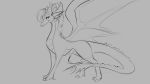  16:9 2019 ambiguous_gender dragon feral grey_background horn monochrome simple_background smile solo standing watsup wings 