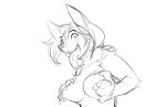 absurd_res anthro breasts canid canine female fur hair hand_on_breast happy hi_res looking_at_viewer mammal monochrome nipples nude open_mouth simple_background sketch smile solo tongue tongue_out watsup white_background 