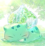  artist_name blush bulbasaur claws closed_eyes closed_mouth commentary_request day flower full_body gen_1_pokemon grass highres ibaraki_natou lens_flare lying no_humans on_stomach outdoors pokemon pokemon_(creature) signature solo sunlight tree white_flower 