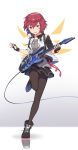  1girl arknights black_legwear dog_tags electric_guitar exusiai_(arknights) fingerless_gloves full_body gloves gradient gradient_background guitar halo highres holding holding_instrument instrument kataokasan orange_eyes pantyhose plectrum red_hair reflective_floor short_hair solo standing standing_on_one_leg wings 
