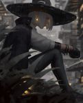  1girl absurdres black_gloves black_legwear blue_eyes bob_cut cape cigarette commentary earrings from_side gloves glowing glowing_earrings guweiz hat high_collar highres jewelry lips nose original outdoors rain sitting smoking solo thighhighs white_hair witch_hat 