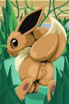  2019 anus brown_fur canid chest_tuft digital_media_(artwork) eevee female feral fur hi_res infamousrel looking_at_viewer looking_back mammal multicolored_fur nintendo open_mouth pixel_(artwork) pok&eacute;mon pok&eacute;mon_(species) pokeandpenetrate pussy rear_view solo standing tuft video_games white_fur 