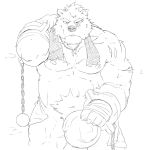  abs anthro barghest_(tas) covering fur gindan hi_res looking_at_viewer male mammal monochrome muscular nude pecs self simple_background solo tokyo_afterschool_summoners towel ursid video_games 