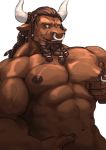  2018 abs anthro bovid bovine braided_beard braided_hair brown_eyes brown_fur brown_hair curtis_wuedti facial_piercing fur hair hi_res male mammal manly muscular muscular_male nipple_piercing nipples nose_piercing nose_ring pec_grasp piercing smile solo 