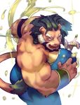  2018 action_pose anthro arsalan beard clothed clothing curtis_wuedti facial_hair felid green_hair hair hi_res kemono lion looking_at_viewer male mammal muscular muscular_male oil open_mouth open_smile pantherine pants pose red_eyes smile solo sparkles tokyo_afterschool_summoners topless video_games weapon 