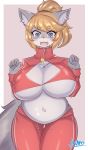 absurd_res anthro big_breasts blue_eyes blush border bottomwear breasts butt_from_the_front cleavage_cutout clothing ear_tuft eyebrow_through_hair eyebrows fur grey_fur hair hi_res looking_down mofumofumachine multicolored_fur navel open_mouth pants red_bottomwear red_clothing red_pants red_topwear simple_background slightly_chubby solo species_request thick_thighs thigh_gap tight_clothing topwear translucent translucent_hair tuft two_tone_fur voluptuous wardrobe_malfunction white_border wide_hips 