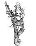  2019 anthro bottomwear canid canine clothing crop_top female gun hi_res hladilnik holding_object holding_weapon looking_at_viewer mammal marvel miniskirt ranged_weapon samantha_thott scar shirt simple_background skirt smile solo standing stitches tagme the_punisher topwear weapon 