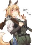  1girl animal_ears ayyh blonde_hair blush commentary_request engraved gun highres multicolored_hair orange_eyes original pouch shotgun shotgun_shells tail two-tone_hair vest weapon white_background 