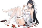  1girl absurdres ahoge alcohol arm_support artist_request azur_lane black_hair black_panties breasts bridal_gauntlets bridal_veil champagne_flute cleavage crossed_legs cup dress drinking_glass eyebrows_visible_through_hair fingerless_gloves flower full_body garter_straps gloves hair_between_eyes highres large_breasts long_hair looking_at_viewer no_shoes panties parted_lips petals red_eyes ribbon-trimmed_legwear ribbon_trim rose see-through short_dress simple_background sitting smile solo taihou_(azur_lane) thighhighs underwear veil very_long_hair white_background white_dress white_gloves white_legwear wine 