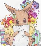  2019 absurd_res ambiguous_gender canid canine crying eevee eeveelution flower fur hi_res invalid_tag looking_at_viewer mammal mensen mensen_(artist) nintendo paws petals pillow plant pok&eacute;mon pok&eacute;mon_(species) signature simple_background solo tears toes video_games white_background worried young 
