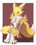  2019 absurd_res anthro black_sclera blue_eyes blush breasts butt canid chest_tuft claws digimon digimon_(species) female fur hi_res kektails mammal neck_tuft nipples nude pussy renamon tattoo tuft video_games yellow_fur 