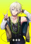  1boy \n/ bangs bare_shoulders black_tank_top blonde_hair chain_necklace choker closed_mouth cross ear_piercing earrings fingernails hakuseki hands_up head_tilt jacket jewelry long_sleeves looking_at_viewer male_focus multiple_earrings multiple_rings off_shoulder open_clothes open_jacket original pendant piercing ring simple_background smile solo tank_top thumb_ring upper_body yellow_background 