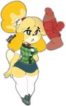  2019 animal_crossing anthro big_breasts breasts canid canine canis clothed clothing disembodied_penis domestic_dog female fur gcfmug hair hi_res isabelle_(animal_crossing) legwear male mammal nintendo open_mouth penis ribbons shih_tzu simple_background solo toy_dog video_games yellow_fur 