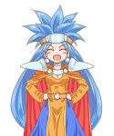  1girl big_hair blue_hair bracelet breasts cape chrono_trigger cleavage dress earrings fang hands_on_hips jewelry large_breasts long_hair open_mouth queen_zeal s-a-murai simple_background skin_fang smile solo white_background 