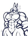  blush day-t dot_eyes featureless_crotch hands_on_hips hi_res japanese_text lucario male monochrome muscular muscular_male neck_tuft nintendo pok&eacute;mon pok&eacute;mon_(species) portrait simple_background small_head text three-quarter_portrait tuft video_games white_background 