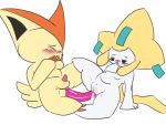  4:3 anal anal_penetration anthro balls big_ears black_eyes black_nose blush butt_wings cum digital_media_(artwork) dildo double_dildo duo erection eyes_closed female fur hand_on_mouth jirachi legendary_pok&eacute;mon lying male male/female mammal nintendo penetration penis pok&eacute;mon pok&eacute;mon_(species) pussy sex_toy simple_background victini video_games vono white_background white_skin wings 
