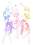  5girls akemi_homura armpits arms_up ballet bare_arms bare_legs bare_shoulders barefoot blonde_hair blue_hair blue_theme bubble_skirt dancing drill_hair expressionless eyebrows_visible_through_hair full_body glowing hair_ribbon kaname_madoka long_hair long_sleeves mahou_shoujo_madoka_magica miki_sayaka multiple_girls outstretched_arms pink_hair pink_ribbon pink_theme pleated_skirt pokki_(sue_eus) profile puffy_short_sleeves puffy_sleeves purple_hair purple_ribbon purple_shirt purple_skirt purple_theme red_hair red_theme ribbon sakura_kyouko see-through shirt short_hair short_sleeves simple_background skirt soul_gem strapless tiptoes tomoe_mami twin_drills twintails white_background yellow_theme 