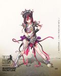  1girl asymmetrical_clothes black_hair boots claws crop_top cuffs full_body girls_frontline gloves gradient_hair hair_between_eyes highres holding holding_weapon junktinr looking_to_the_side midriff multicolored_hair open_clothes original red_eyes red_hair revealing_clothes single_boot single_glove smile tentacle_clothes tentacles tsurime veins warframe weapon 