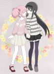  2girls :d ;) ^_^ akemi_homura argyle argyle_sweater arm_at_side backpack bag bare_legs black_hair black_hairband black_skirt blush closed_eyes eyebrows_visible_through_hair floating_hair floral_background flower flower_request frilled_skirt frills full_body grey_background grey_legwear hairband holding_hands kaname_madoka leaf long_hair looking_at_another mahou_shoujo_madoka_magica multiple_girls one_eye_closed open_mouth orange_flower pantyhose pink_flower pink_hair pink_sweater pokki_(sue_eus) purple_eyes purple_legwear red_flower red_footwear short_hair short_twintails simple_background skirt smile socks standing sweater twintails white_flower white_sweater yellow_flower yuri 