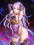  1girl armpits arms_up bare_shoulders black_legwear blush breasts brooch closed_mouth collarbone covered_navel cowboy_shot dress fate/grand_order fate_(series) highres jewelry kama_(fate/grand_order) large_breasts lkeris long_hair looking_at_viewer purple_dress red_eyes silver_hair smile solo standing thighhighs thighs 